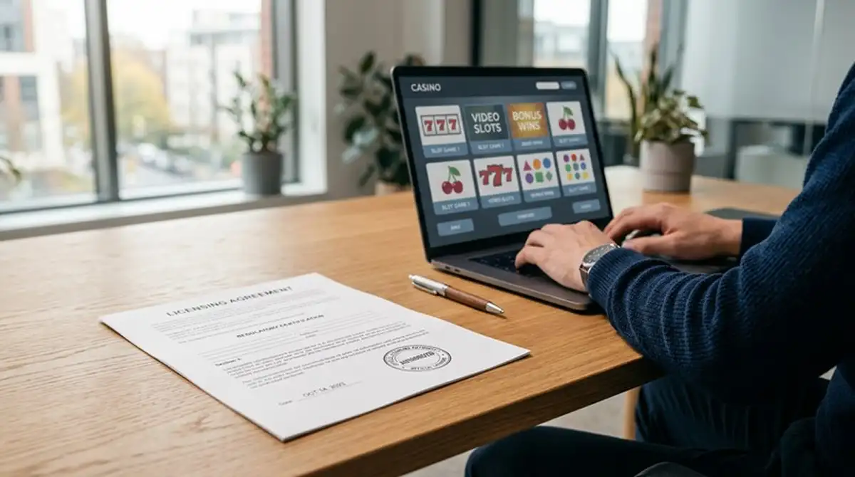 Casino zonder licentie 2026 — neutraal licentiedocument naast laptop met casinolobby