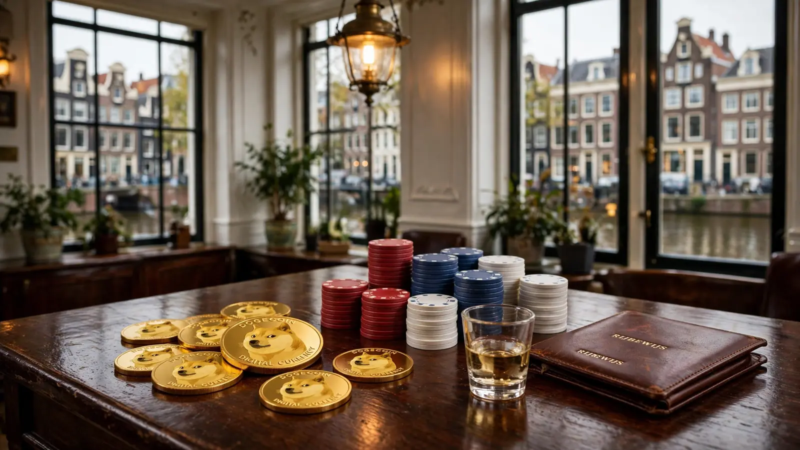 Een houten tafel in een Amsterdams grachtenpand met Dogecoin-munten en casinofiches.