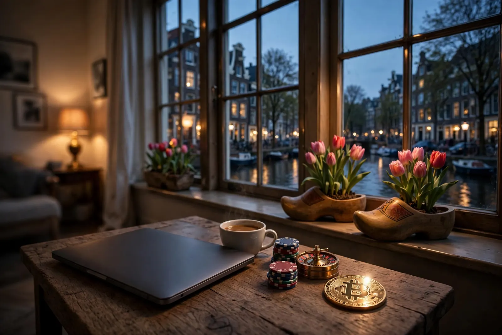 Amsterdamse grachtenwoning met casinochips, bitcoin-munt en roulette op tafel