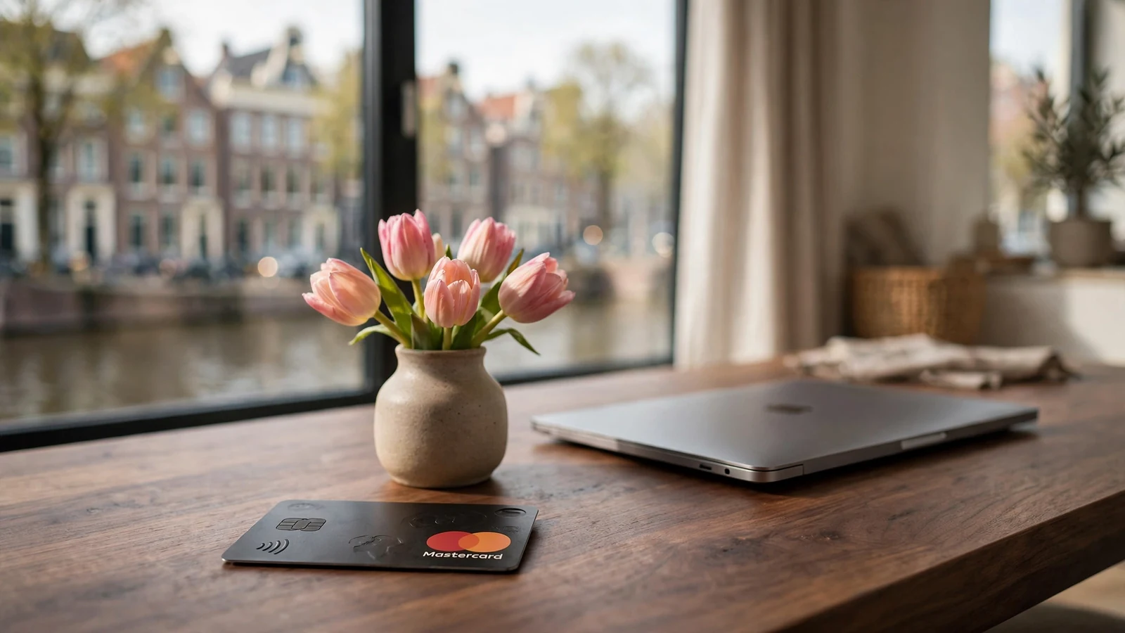 Mastercard-kaart op tafel in modern Nederlands appartement met grachtenpand op de achtergrond.