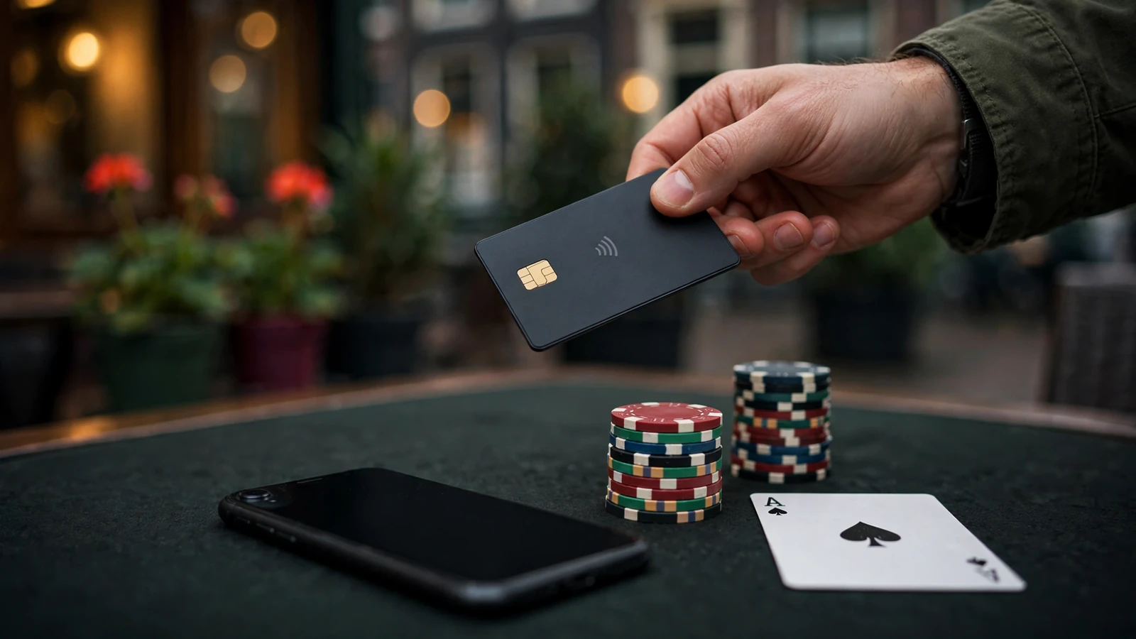 Smartphone en MuchBetaal-eWallet op casinotafel met fiches