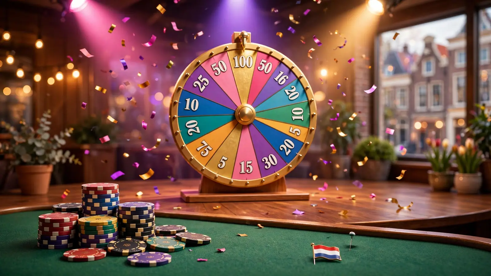 Groot gekleurd gelukswiel in een casino studio met fiches