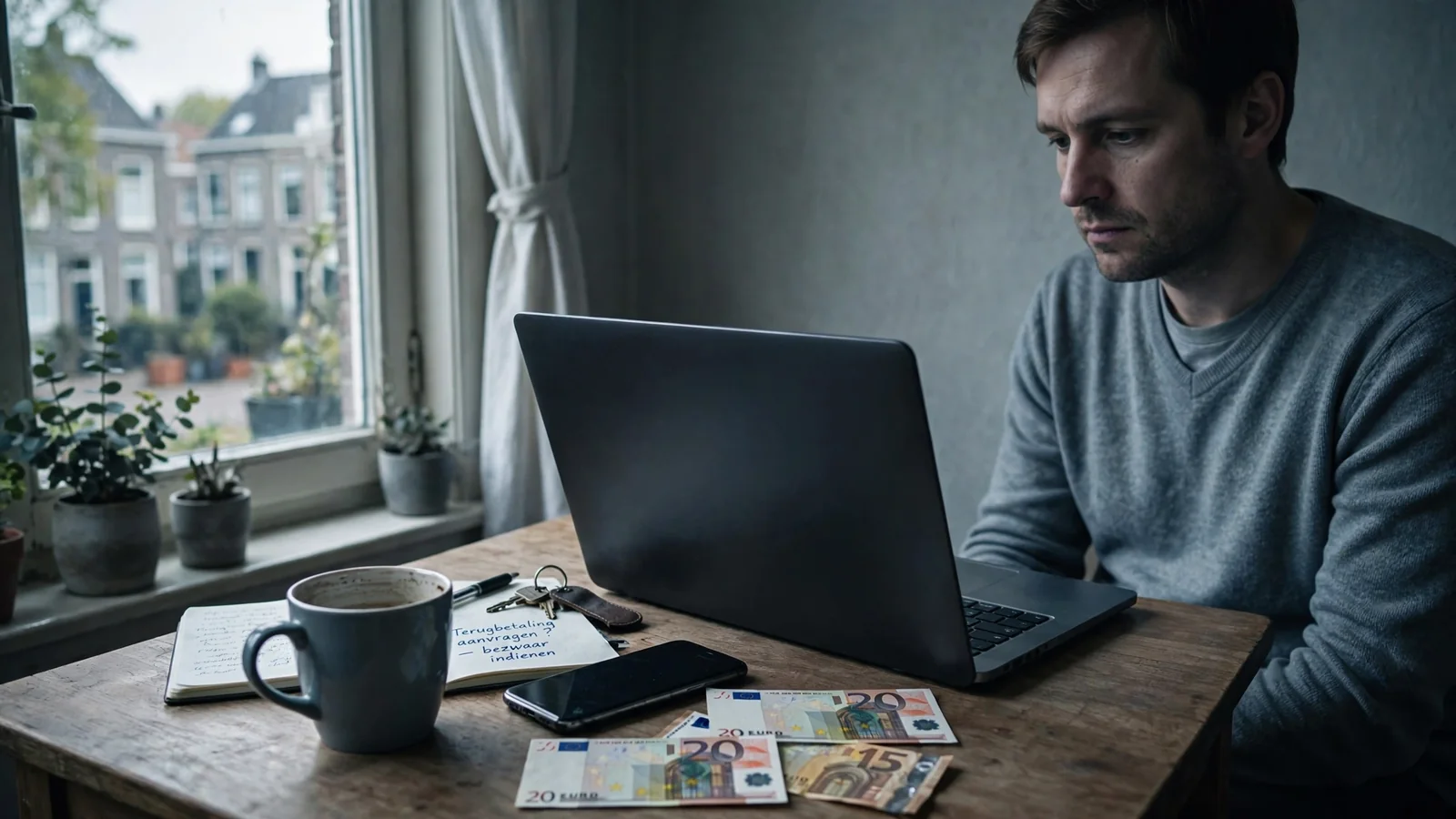 Persoon aan tafel met laptop, denkend over geld terugvragen van online casino
