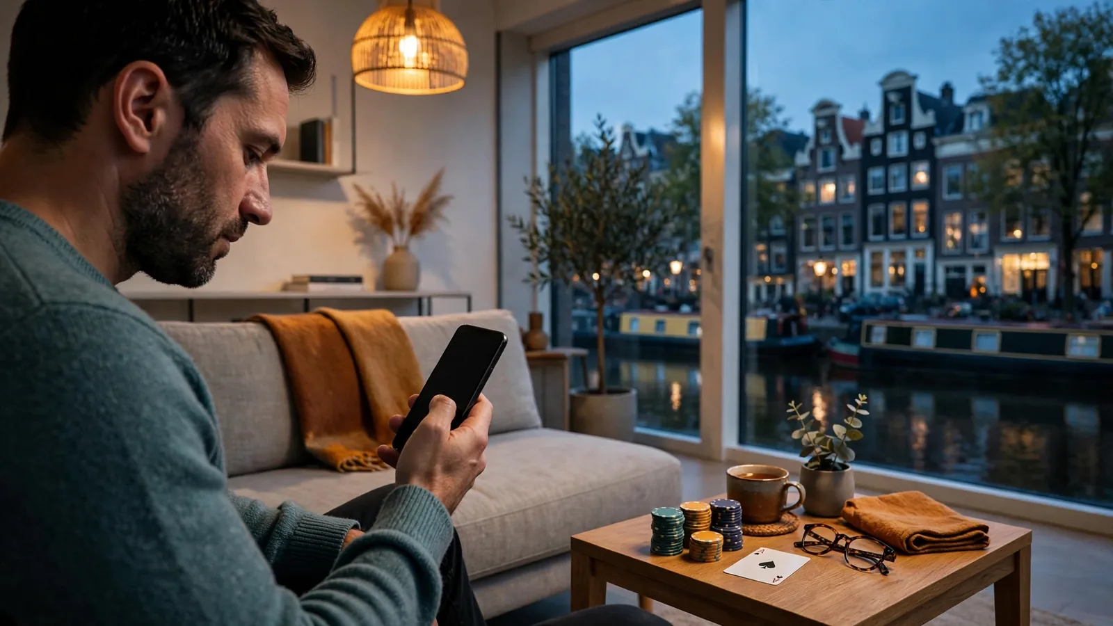 Persoon in Amsterdamse woning met smartphone en casinofiches op tafel