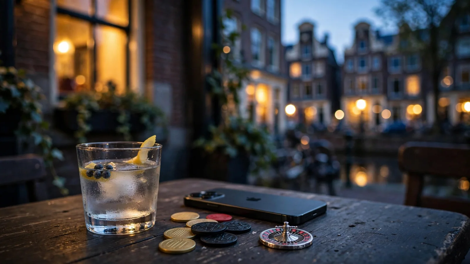 Cafétafel in Amsterdam met smartphone, fiches en rouletteornament