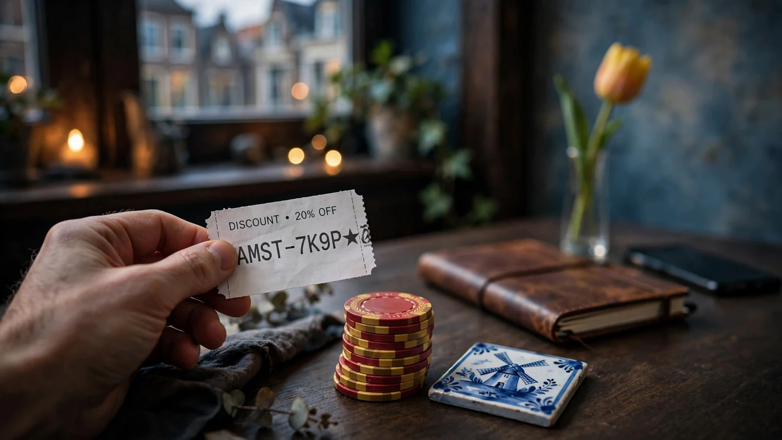 Hand met kortingsbon, casinofiches en Nederlandse accenten op tafel