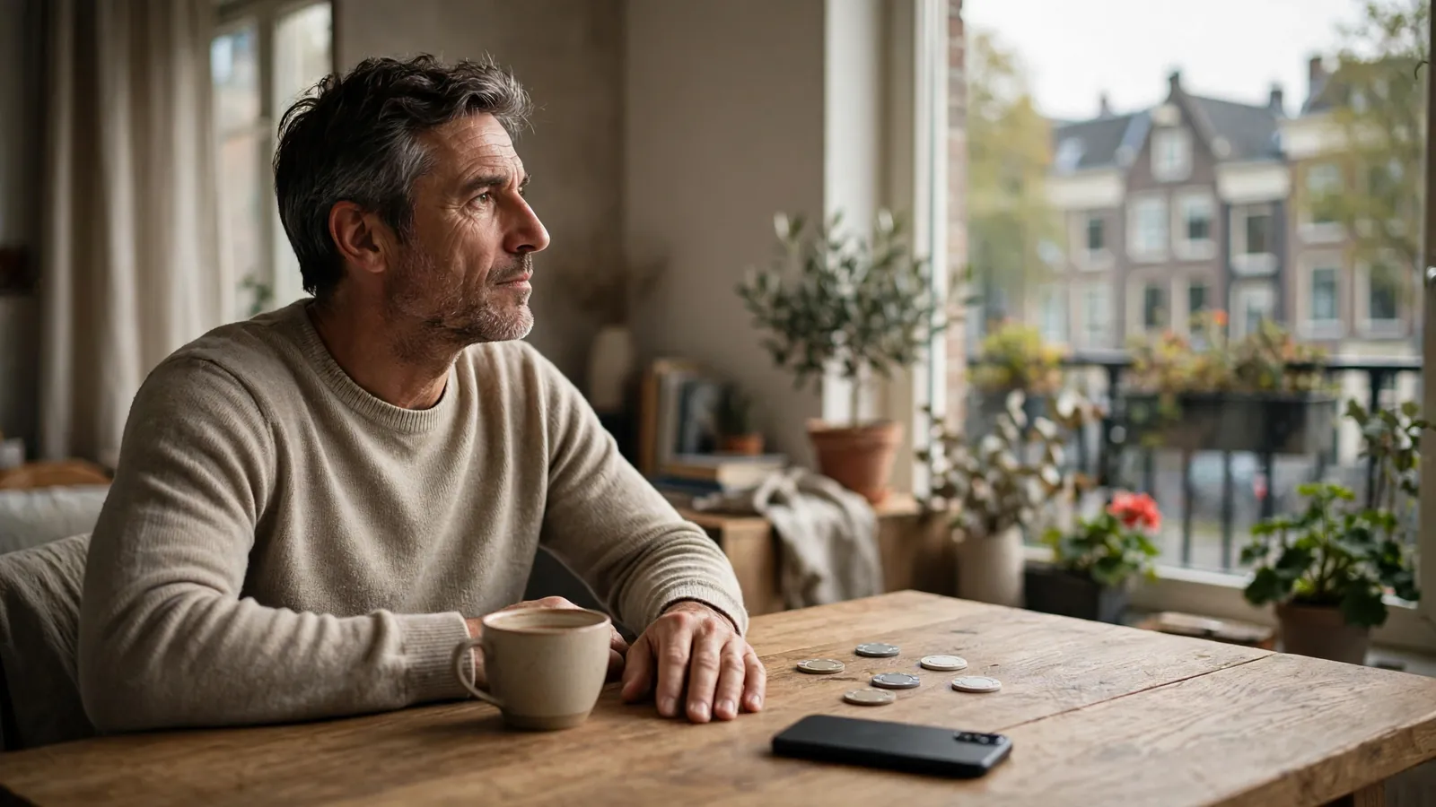Man aan tafel denkt na over verantwoord gokken